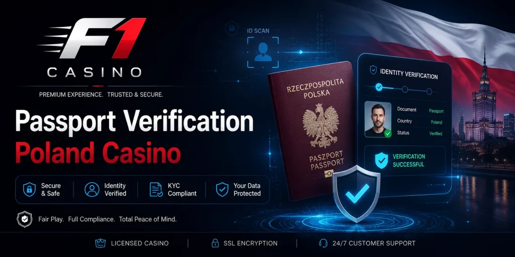Baner F1 Casino do artykułu „Passport Verification Poland Casino” z polskim paszportem, panelem weryfikacji tożsamości, tarczą bezpieczeństwa, cyfrowym skanem ID i motywem ochrony danych użytkownika.