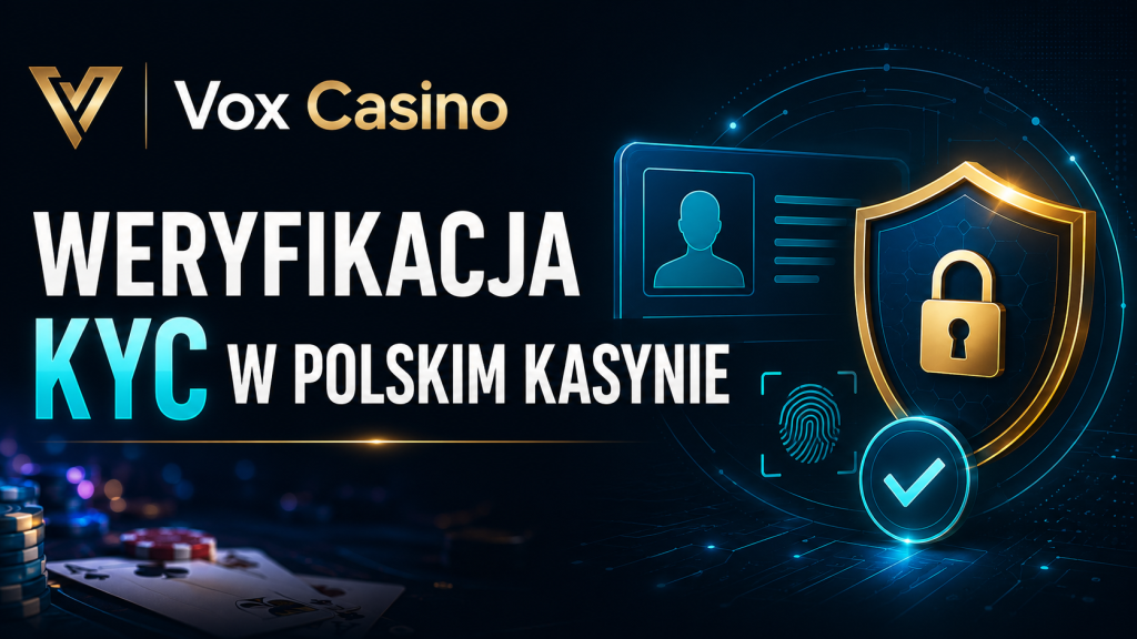 Baner Vox Casino do artykułu „Weryfikacja KYC w polskim kasynie” z motywem ochrony danych, dokumentu tożsamości, tarczy bezpieczeństwa i cyfrowego potwierdzenia profilu.