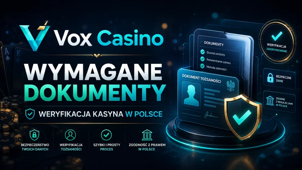 Baner Vox Casino do artykułu „Wymagane dokumenty – Weryfikacja kasyna w Polsce” z motywem dokumentu tożsamości, listy KYC, tarczy bezpieczeństwa i ochrony danych użytkownika.