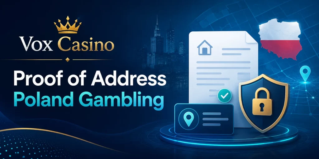Baner Vox Casino do artykułu „Proof of Address Poland Gambling” z dokumentem potwierdzenia adresu, mapą Polski, ikoną lokalizacji, tarczą bezpieczeństwa i motywem ochrony danych użytkownika.