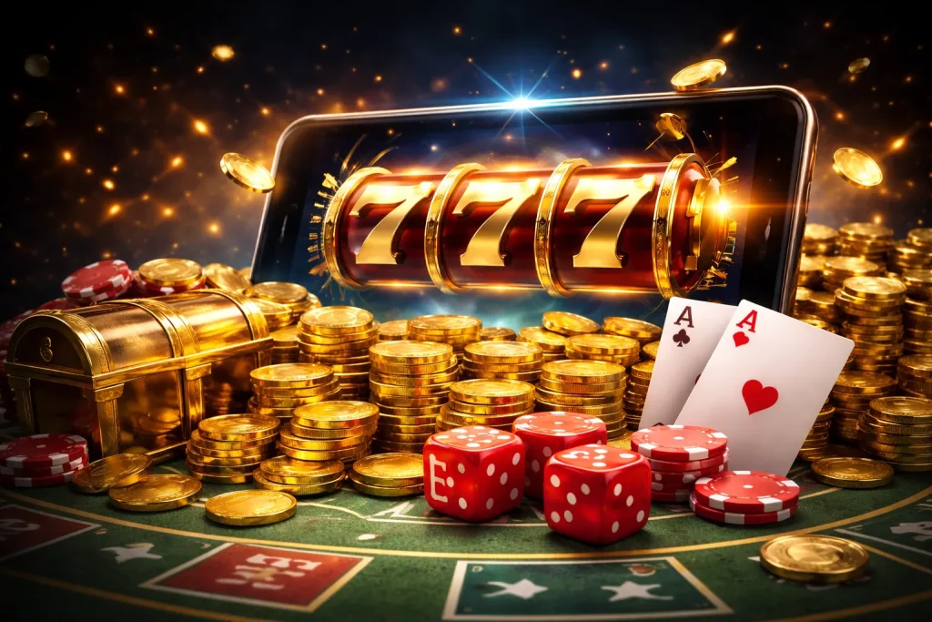Luksusowa scena kasyna online z telefonem wyświetlającym slot 777 oraz złotymi monetami na stole do gry