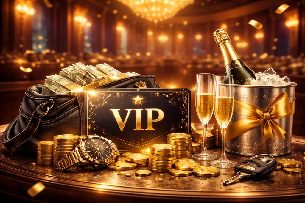 Ekskluzywna kompozycja VIP z monetami, zegarkiem, szampanem i elementami symbolizującymi wysoki status gracza w kasynie