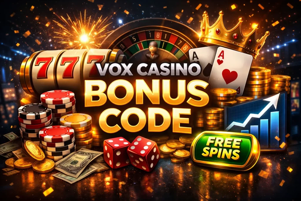 Vox Casino bonus code grafika z automatami 777, żetonami, kołem ruletki, kartami do gry oraz napisem Free Spins na ciemnym tle z efektem złotych świateł.