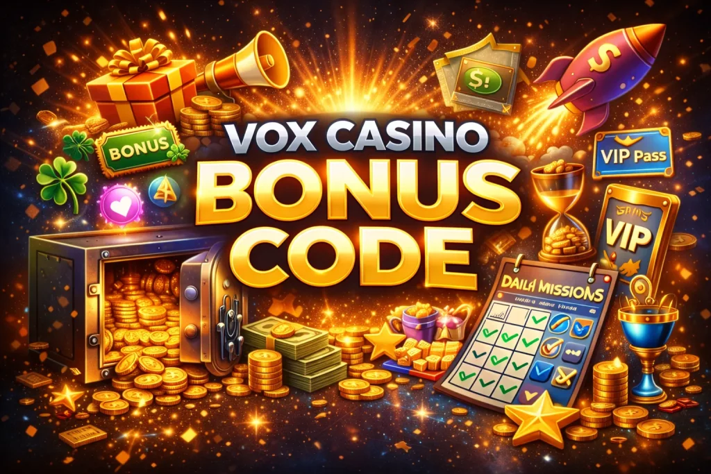 Vox Casino bonus code grafika z automatami 777, żetonami, kołem ruletki, kartami do gry oraz napisem Free Spins na ciemnym tle z efektem złotych świateł.