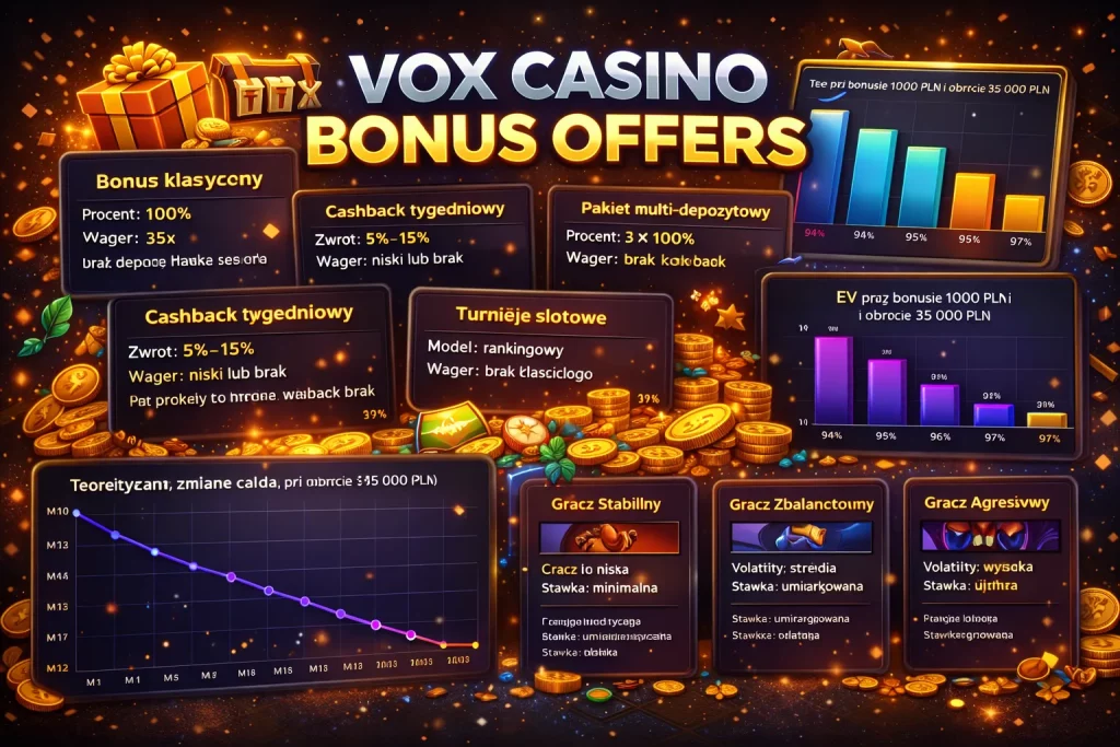 Vox Casino bonus offers grafika z kartami promocyjnymi, wykresami analitycznymi, złotymi monetami oraz ciemnym tłem w stylu kasyna online.