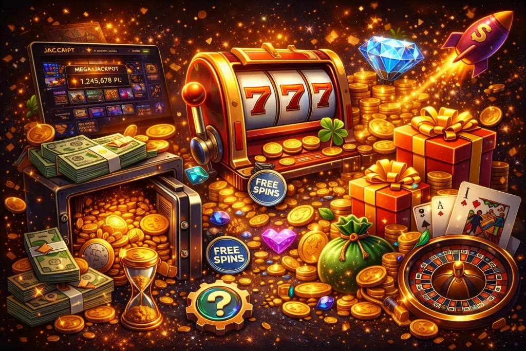 Ilustracja kasynowa bez tekstu z automatem 777, sejfem pełnym monet, diamentem, prezentami i kołem ruletki na złotym, dynamicznym tle.
