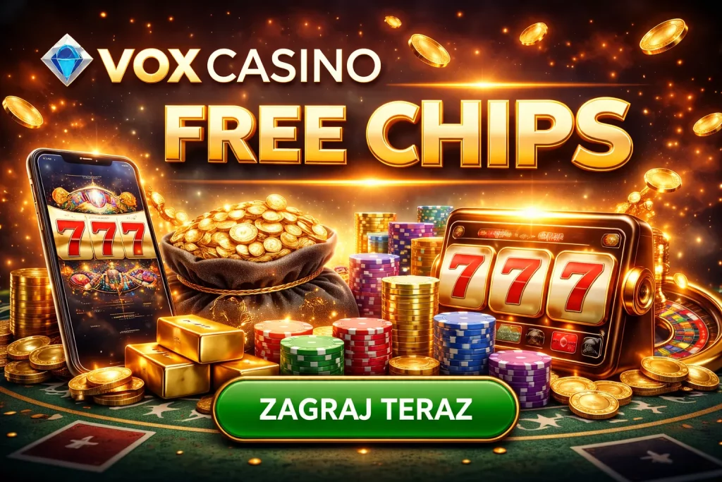 Luksusowy baner Vox Casino Free Chips z motywem slot 777, złotymi monetami i żetonami na ciemnym tle