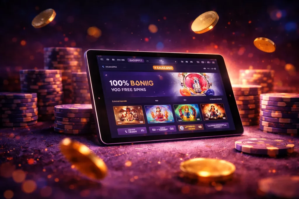Nowoczesny tablet prezentujący stronę kasyna online, z detalami w postaci złotych monet i stosów żetonów w tle