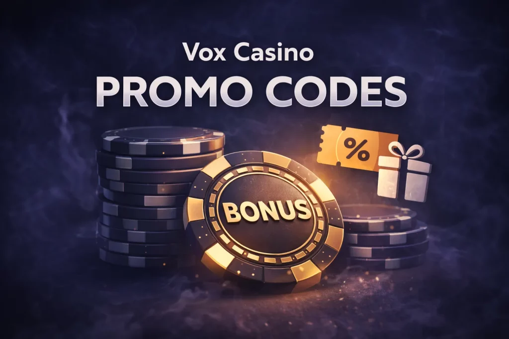 Grafika promocyjna Vox Casino Promo Codes z żetonami kasynowymi, złotym chipem bonusowym oraz ikoną kuponu rabatowego na ciemnym tle.