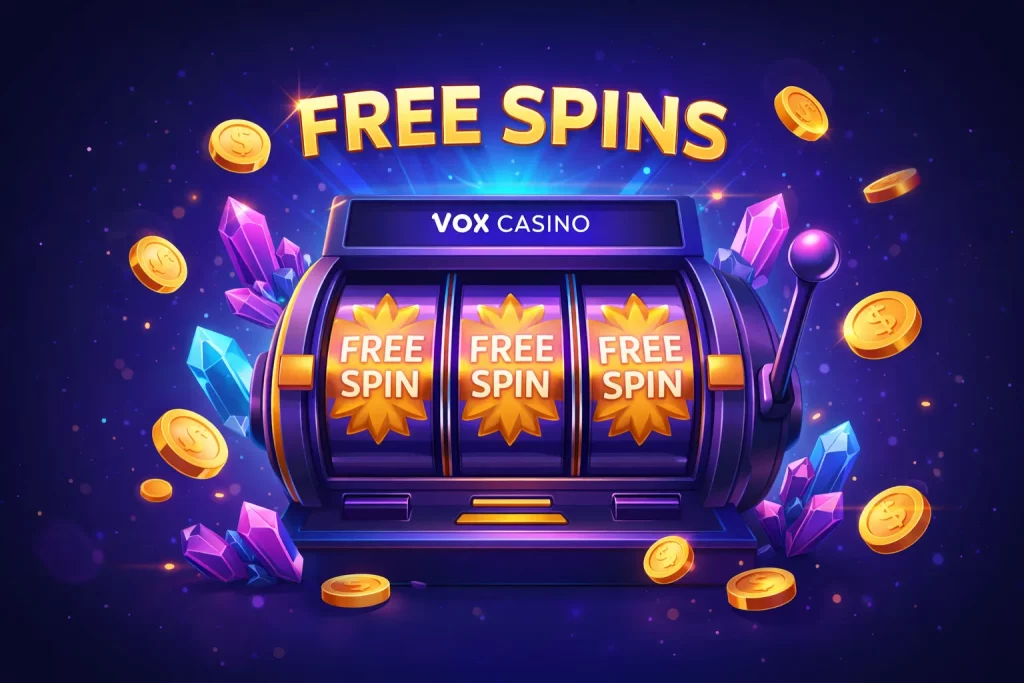 Kolorowa ilustracja 2D przedstawiająca automat Vox Casino z napisem „FREE SPINS”, otoczony złotymi monetami i fioletowo-niebieskimi kryształami na ciemnym, neonowym tle.