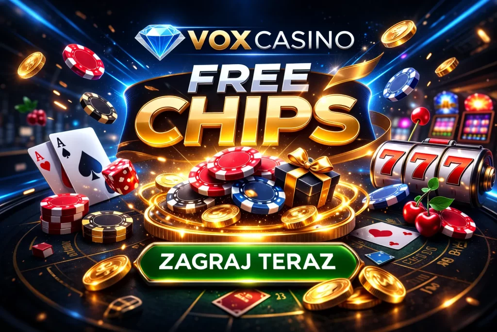 Dynamiczny neonowy baner Vox Casino Free Chips z żetonami, kartami i automatem 777 w nowoczesnym stylu premium