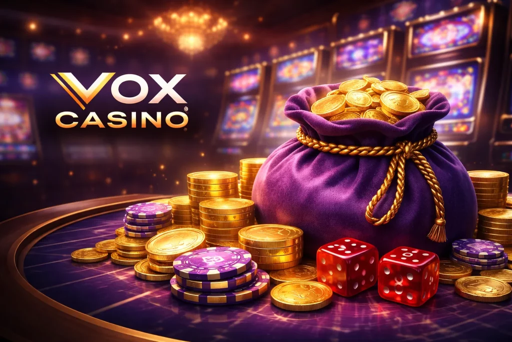 Vox Casino themed image with a purple velvet bag full of gold coins, casino chips and red dice on a gaming table with slot machines in the background