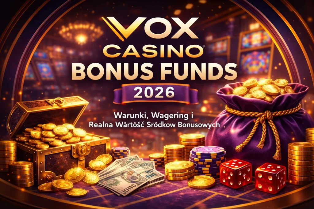 Casino themed promotional image with gold treasure chest, velvet money bag filled with coins, poker chips, cash and red dice on a gaming table with slot machines in the background