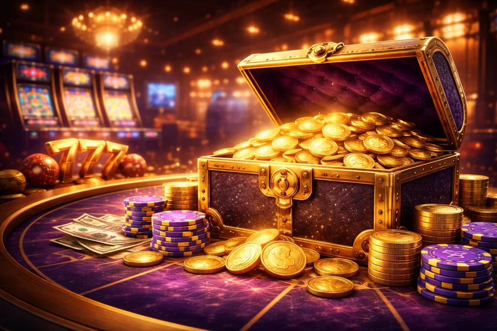 Open treasure chest filled with gold coins on a purple casino table, surrounded by poker chips, cash and glowing slot machines in the background