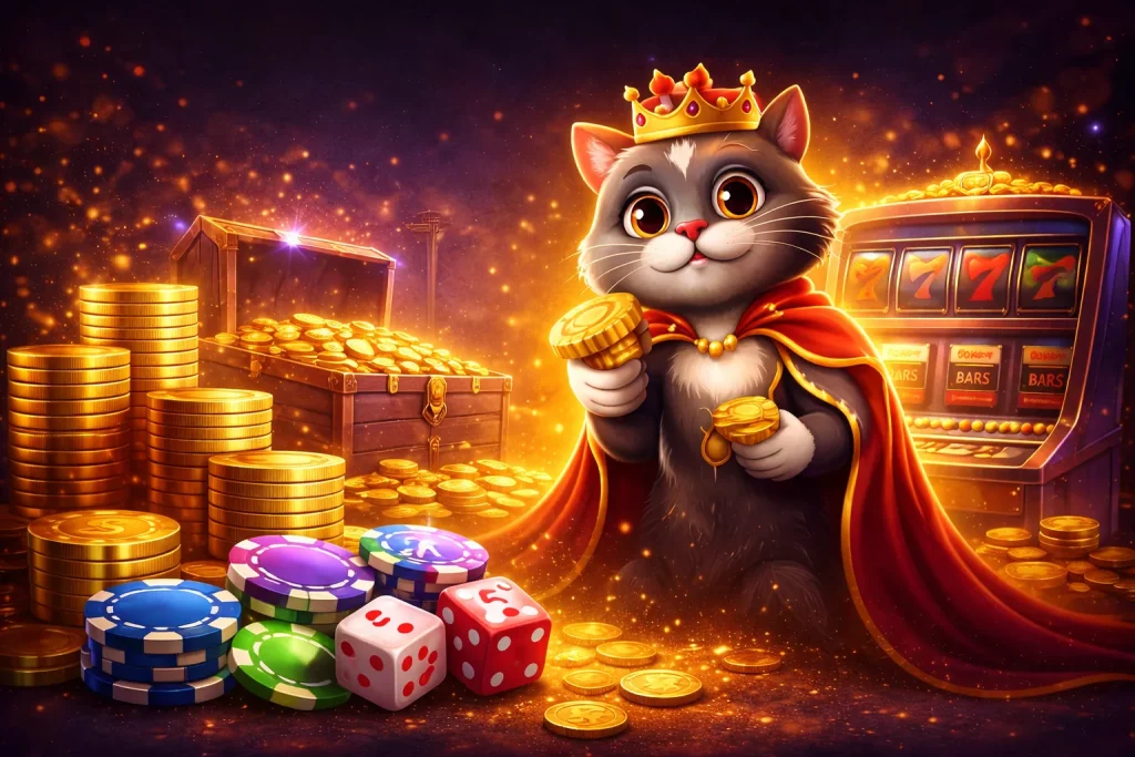 Luksusowa scena kasynowa z otwartą skrzynią pełną złotych monet, kolorowymi żetonami, kośćmi do gry oraz klasycznym automatem slotowym w ciepłym, złotym oświetleniu.