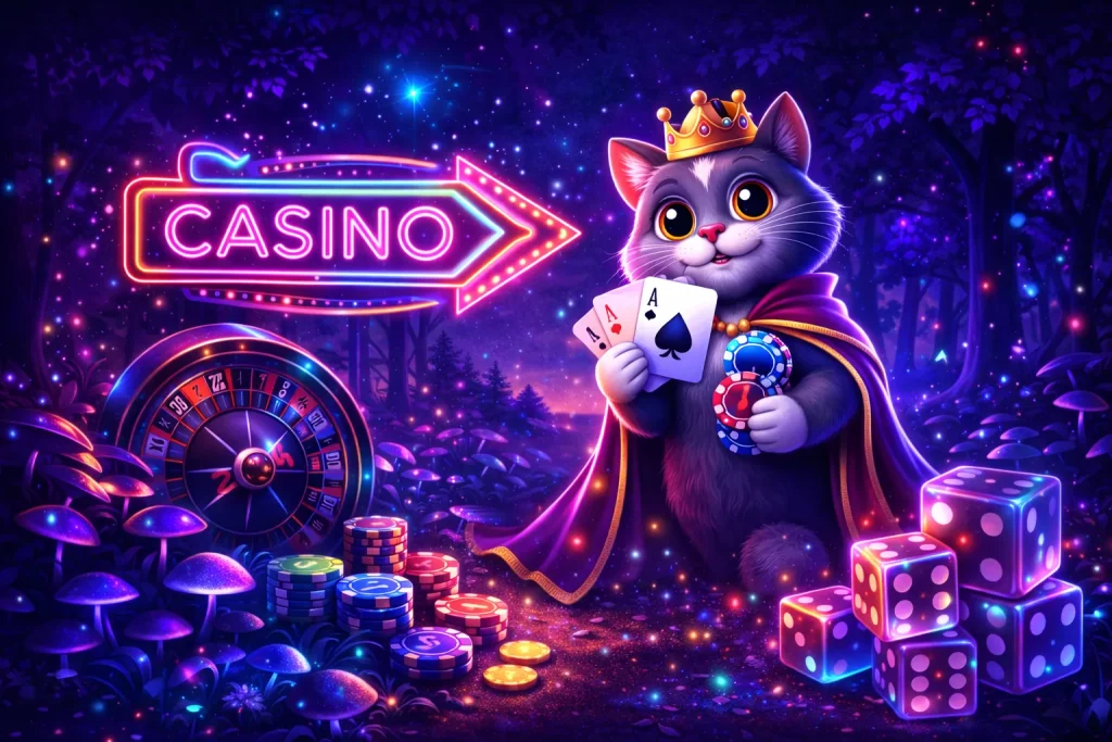 Neonowa, kontrastowa scena kasynowa z ruletką, świecącymi kostkami do gry i kolorowymi żetonami w nocnym, futurystycznym otoczeniu.