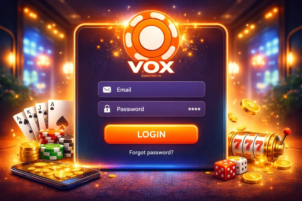 Logowanie do kasyna Vox – Bezpieczne logowanie do konta gracza onlineEkran logowania do kasyna VOX ze świecącym interfejsem, polami e-mail i hasła, żetonami kasynowymi, kartami i automatem do gry na ciemnym tle
