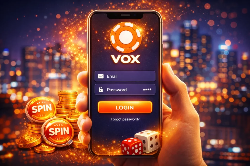 Ekran logowania mobilnego kasyna VOX na smartfonie z tłem nocnego miasta, złotymi monetami i kostkami do gry