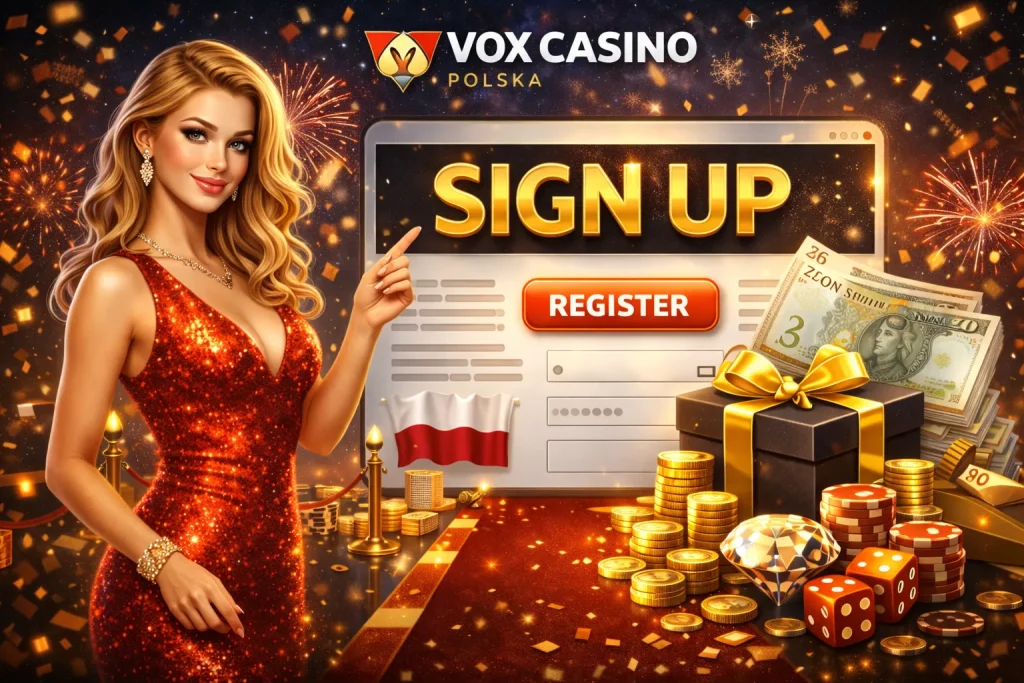 Smartphone displaying Vox Casino Poland registration page with email and password fields and welcome bonus highlights.