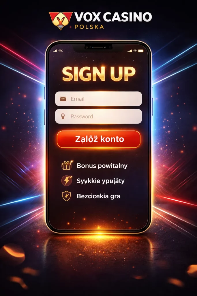 Vox Casino Polska mobile sign up screen with glowing registration form and “Załóż konto” button on a dark neon background.
