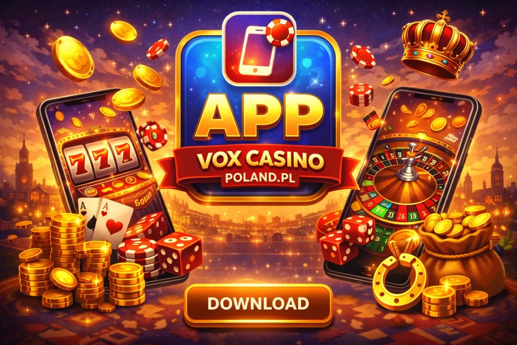 Smartphone displaying Vox Casino Poland registration page with email and password fields and welcome bonus highlights.