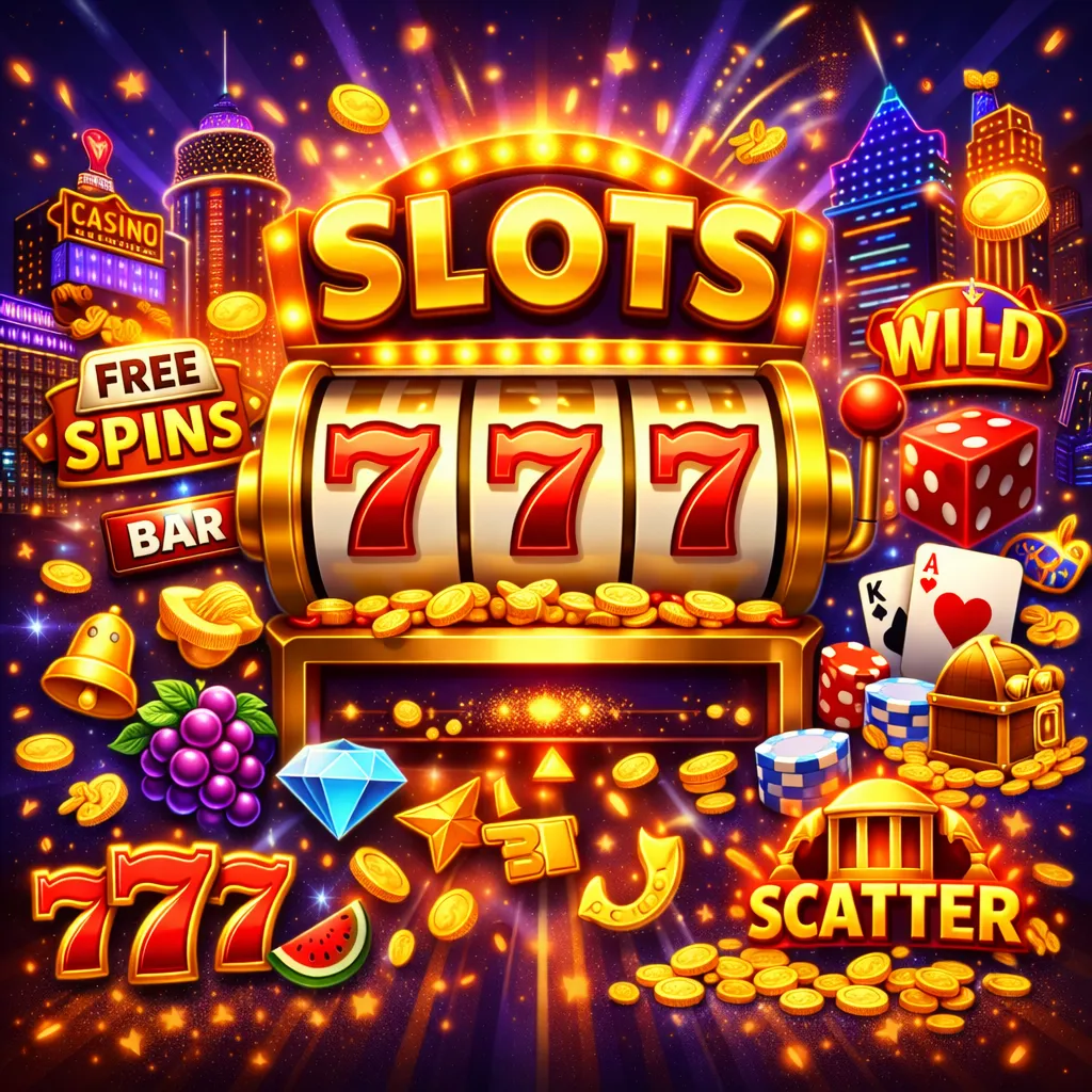 Kolorowy automat do gry z kombinacją 777 i napisem Jackpot, wokół złote monety, kości do gry, karty oraz symbole Free Spins i Wild na świetlistym tle.