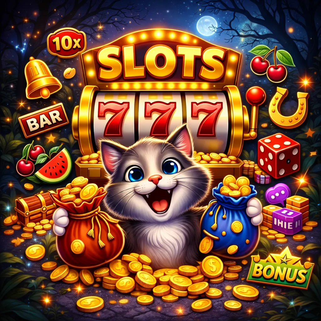Automat do gry 777 na tle nocnego lasu z księżycem, kreskówkowy kot trzyma worki ze złotymi monetami, wokół symbole slotów i elementy bonusowe.