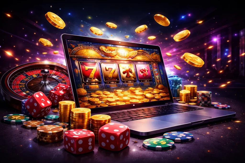 Online casino slots on laptop with roulette wheel, poker chips and flying gold coins – Vox Casino Games