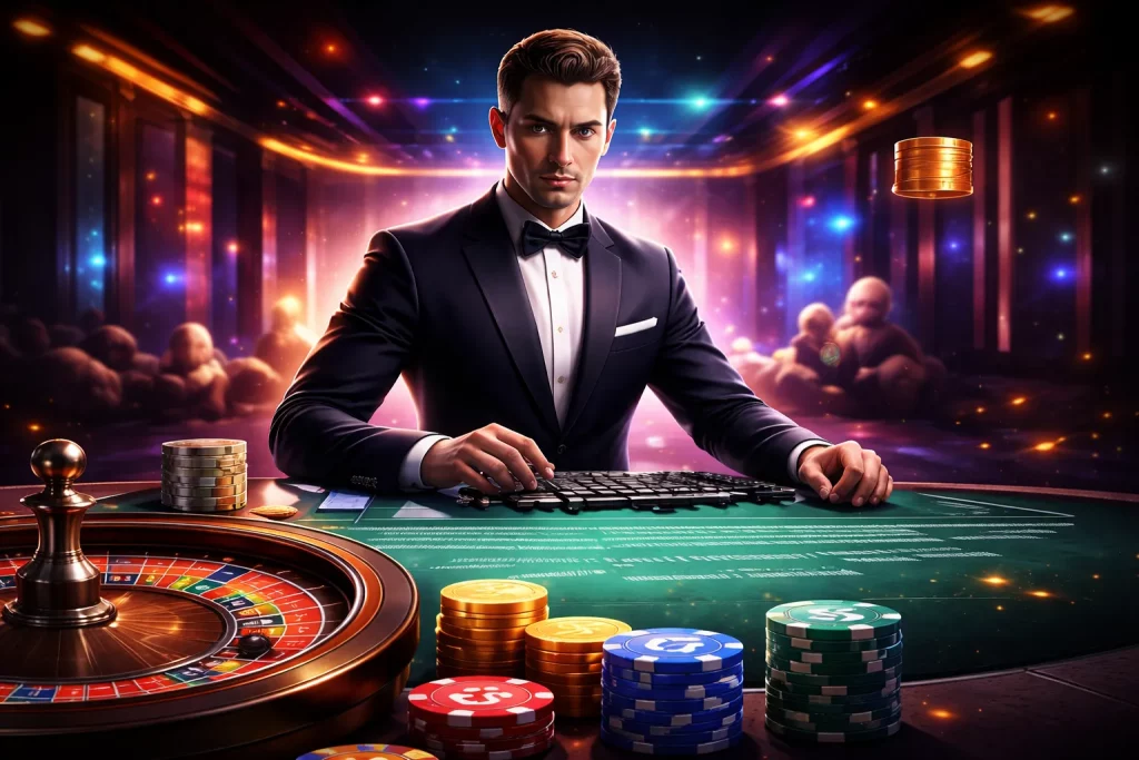 Online casino slots on laptop with roulette wheel, poker chips and flying gold coins – Vox Casino Games