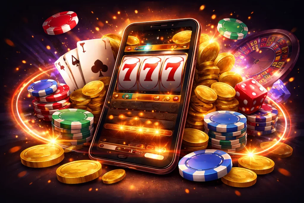 Laptop and mobile slot game with 777 win, casino chips and coins – Vox Casino no deposit bonus illustration