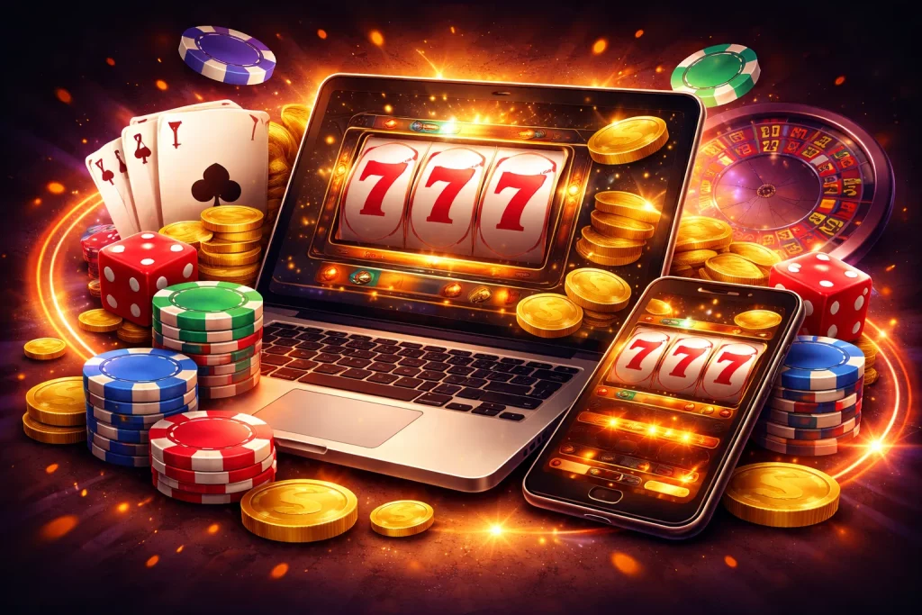 Smartphone with 777 slot win, gold coins, poker chips and roulette wheel – online casino no deposit bonus concept