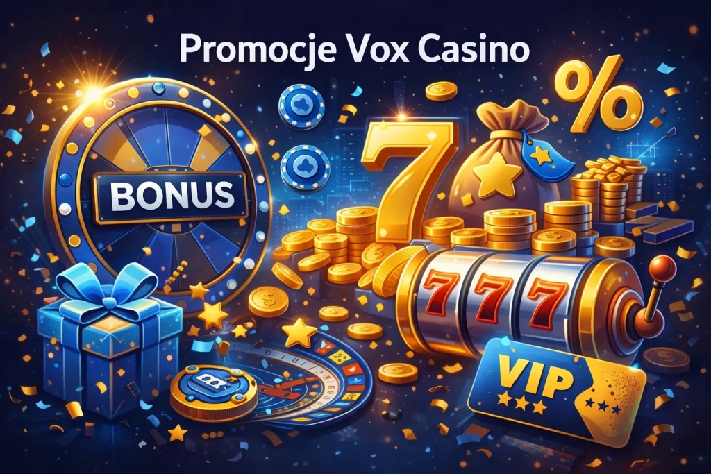 Promocje Vox Casino – bonus powitalny, darmowe spiny, 777 oraz program VIP na tle niebieskiej grafiki kasynowej