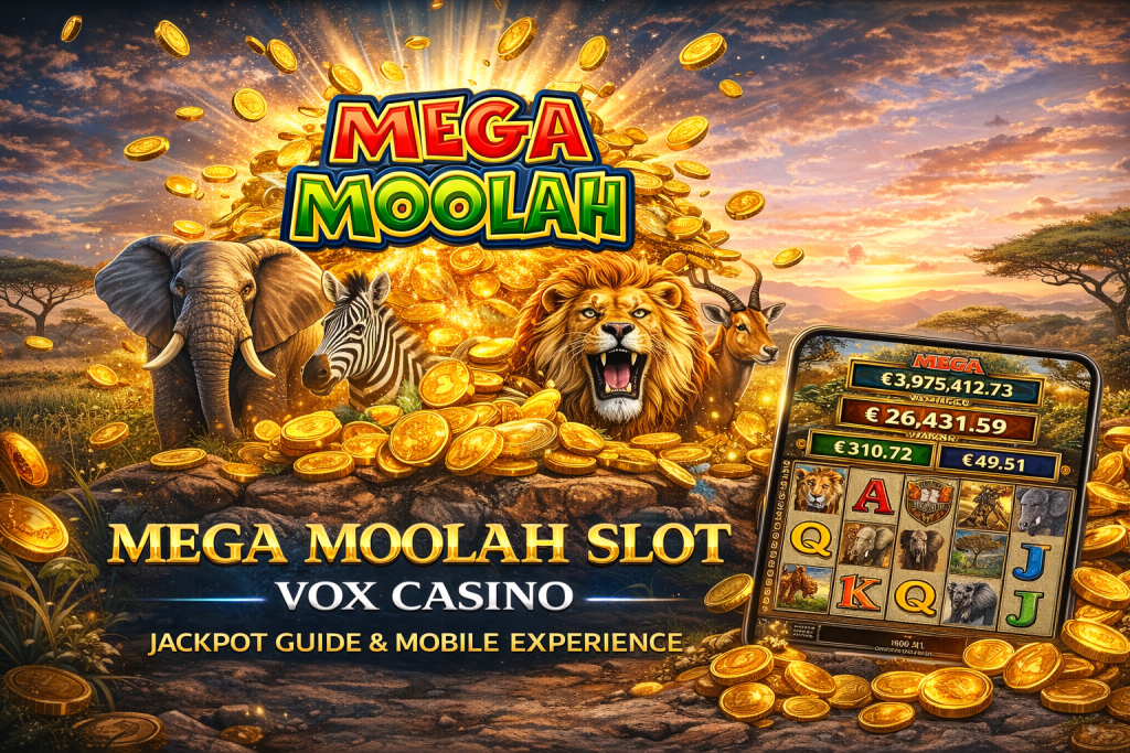 Mega Moolah slot banner with African safari animals, gold coins, progressive jackpot display and mobile gameplay interface in Vox Casino theme