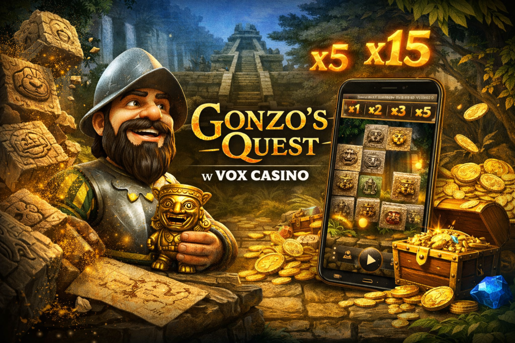Gonzo’s Quest slot scene with explorer character, jungle temple, falling symbols with multipliers, gold treasure and mobile gameplay screen in Vox Casino style