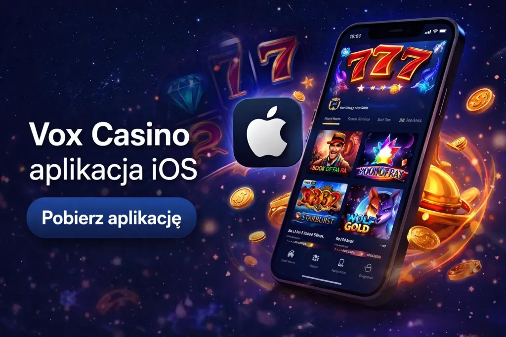 Promotional banner showing the Vox Casino iOS mobile app on an iPhone screen with slot games, casino coins and chips, encouraging users to download the mobile casino application.