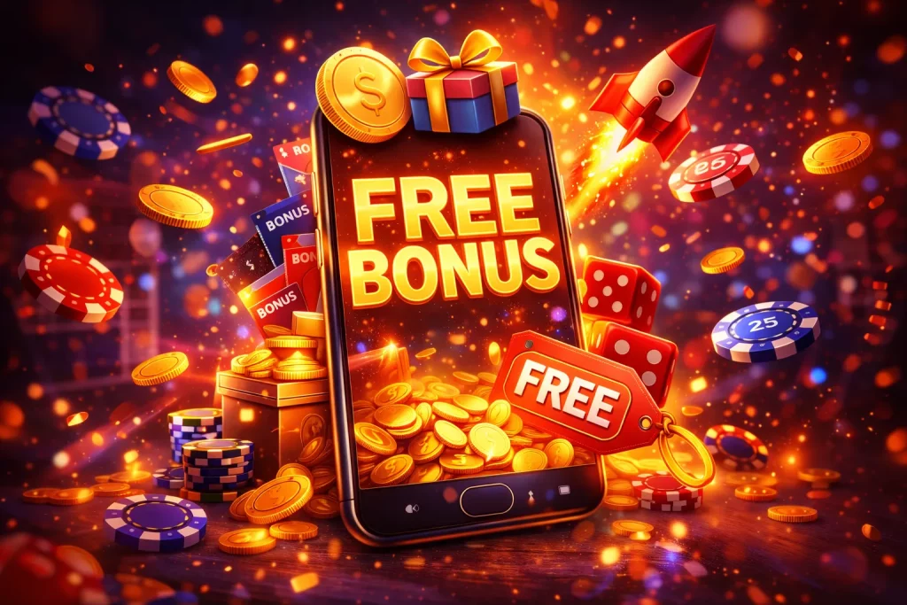 martphone displaying a glowing “Free Bonus” message surrounded by casino chips, gold coins, dice, and a rocket symbolizing online casino bonuses and promotional rewards.