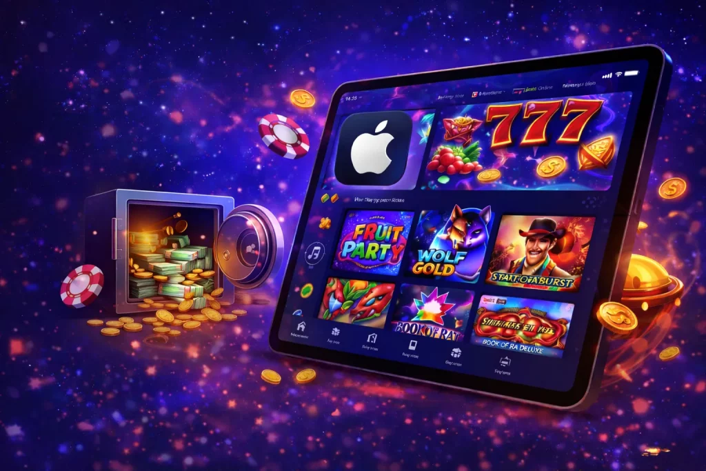 iPad displaying a mobile casino interface with colorful slot games, surrounded by floating gold coins, poker chips, and an open vault full of cash against a glowing purple-blue background.