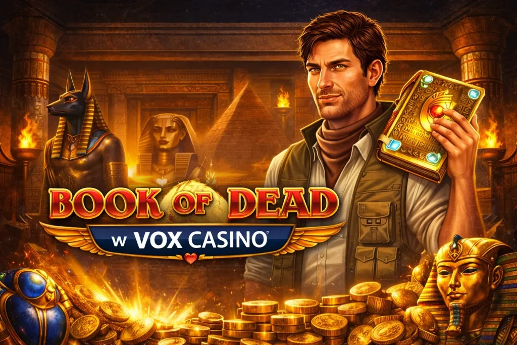 Book of Dead slot at Vox Casino with Rich Wilde holding the golden book inside an ancient Egyptian temple surrounded by treasures and statues.