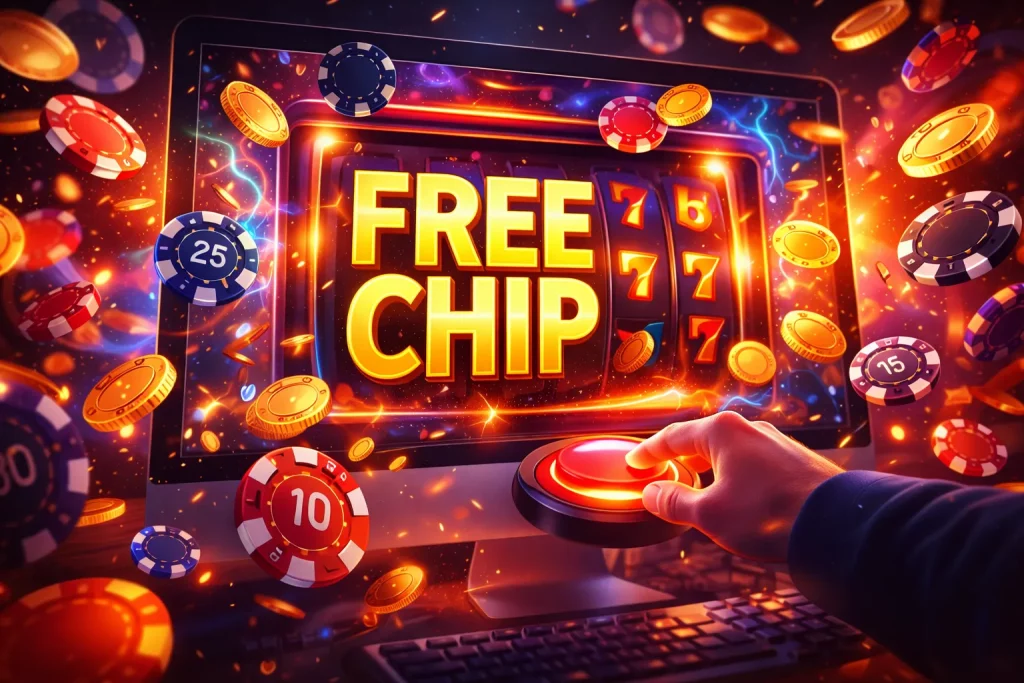 Free Chip No Deposit bonus concept with glowing slot machine screen, casino chips and coins flying around a player pressing a spin button on a computer monitor.