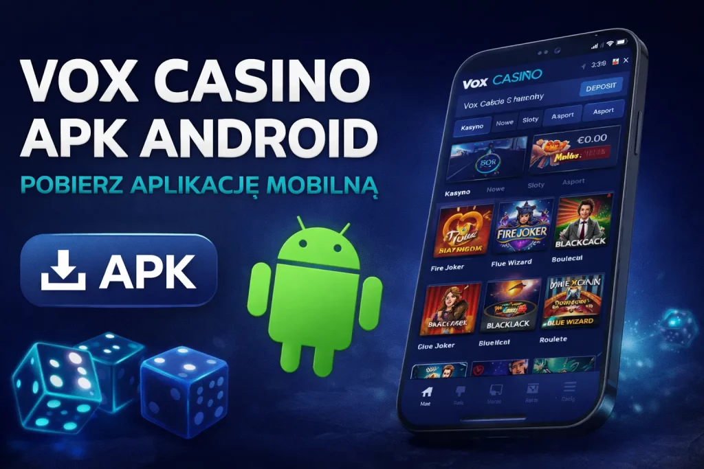 Vox Casino APK Android mobile app banner with smartphone displaying casino games, Android logo and APK download button on dark blue background