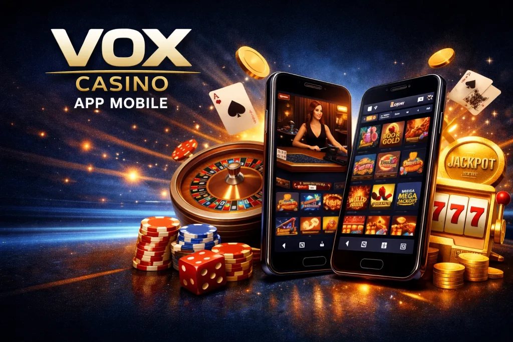 Vox Casino App Mobile banner with smartphones displaying casino games, roulette wheel, slot machine jackpot, poker chips and playing cards on a blue background