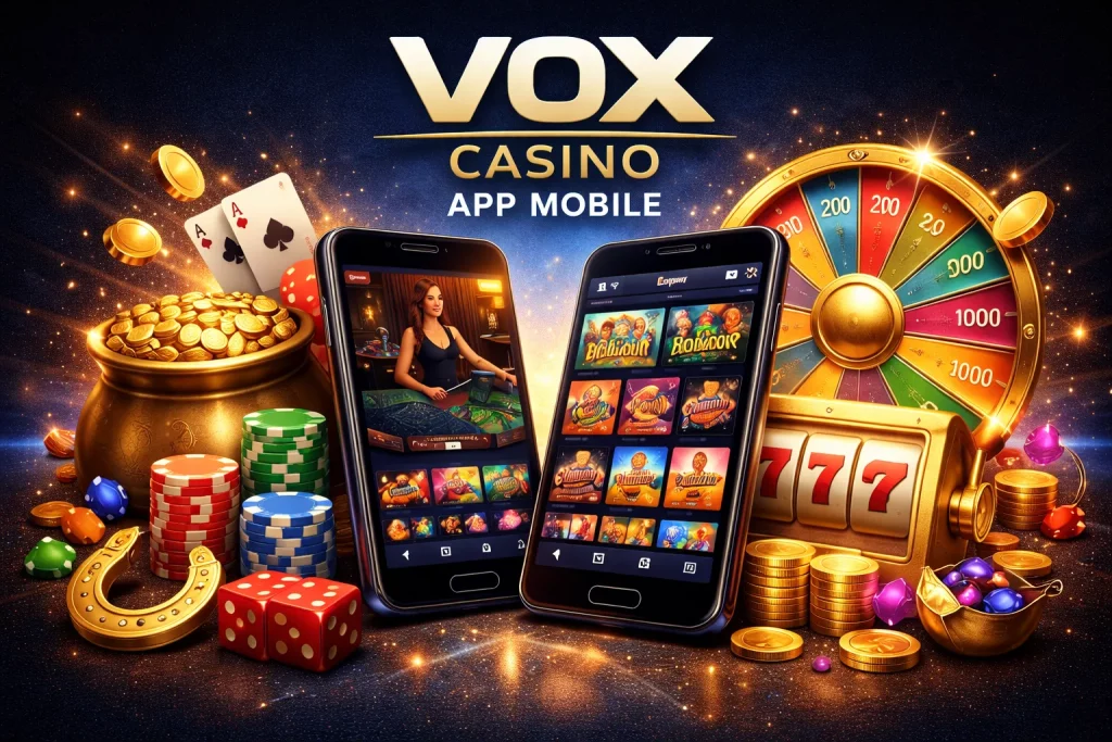 Vox Casino mobile app banner with smartphones showing casino games, colorful prize wheel, slot machine jackpot, gold coins and poker chips on a glowing blue background