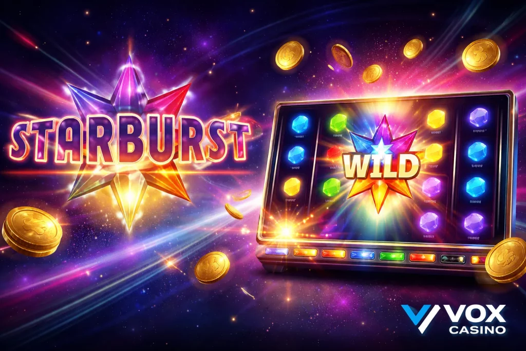 Starburst slot game banner with neon cosmic background, expanding wild symbol on slot reels and colorful crystals representing the classic NetEnt slot available at Vox Casino