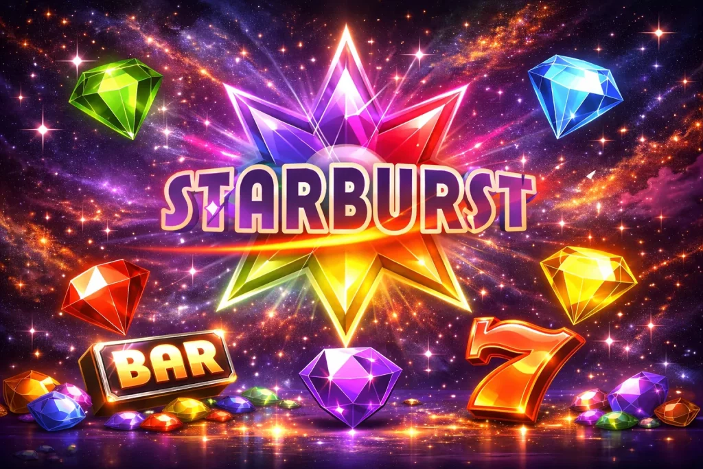 Colorful Starburst slot game theme with glowing rainbow star, sparkling gems, BAR and 7 symbols on a cosmic background