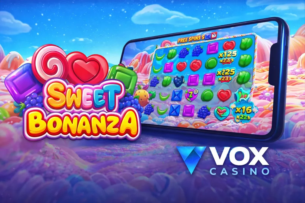 Sweet Bonanza slot game on mobile screen with colorful candy theme in Vox Casino online platform banner