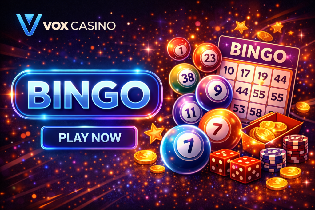 Bingo banner with colorful balls, cards, chips and glowing blue neon elements on dark background