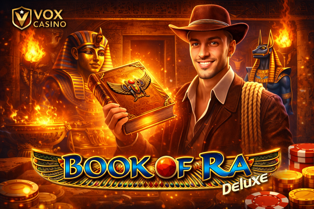 Book of Ra Deluxe slot game with ancient Egyptian theme, explorer, golden book and temple background