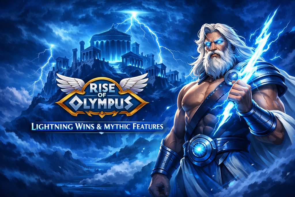 Rise of Olympus slot Zeus lightning Olympus temple blue storm background