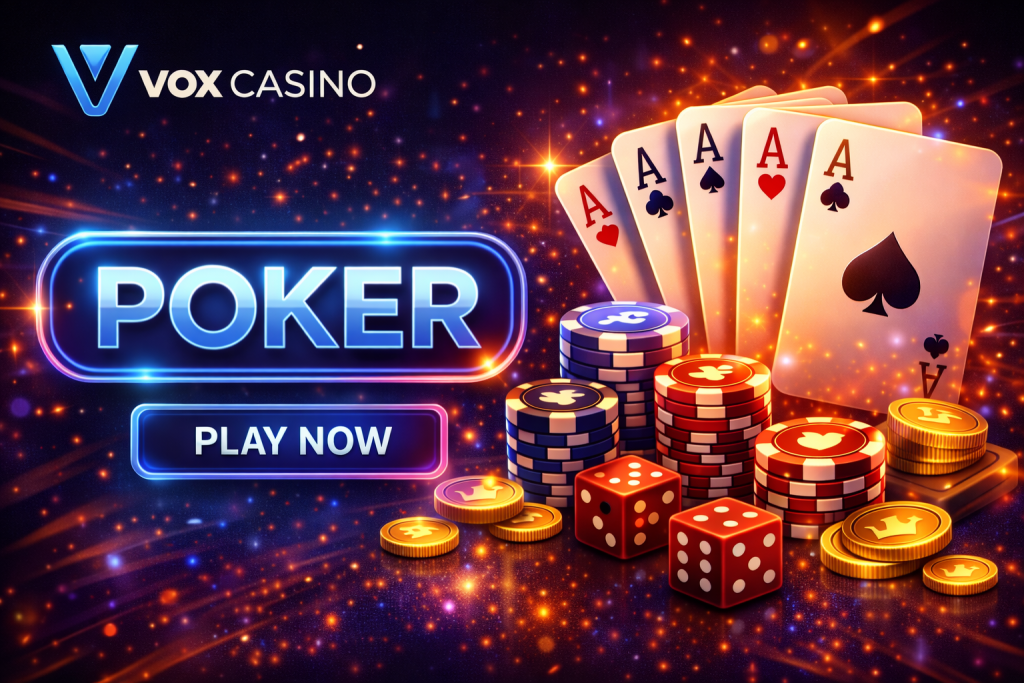 Poker banner with playing cards, chips, dice and glowing blue neon elements on dark background