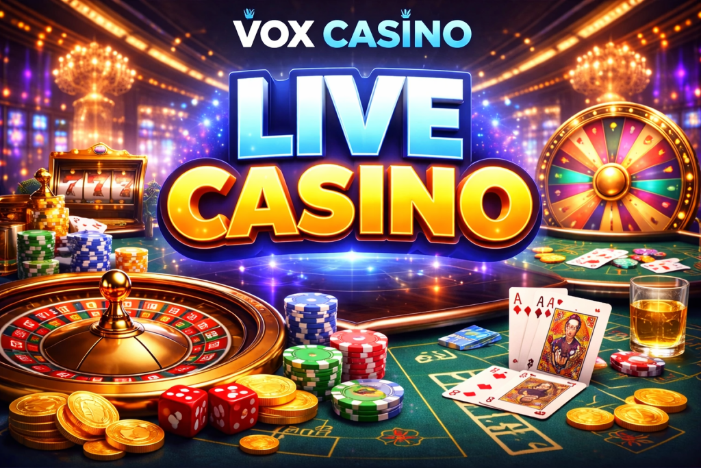 Live casino table with roulette wheel, poker chips, cards, and glowing lights